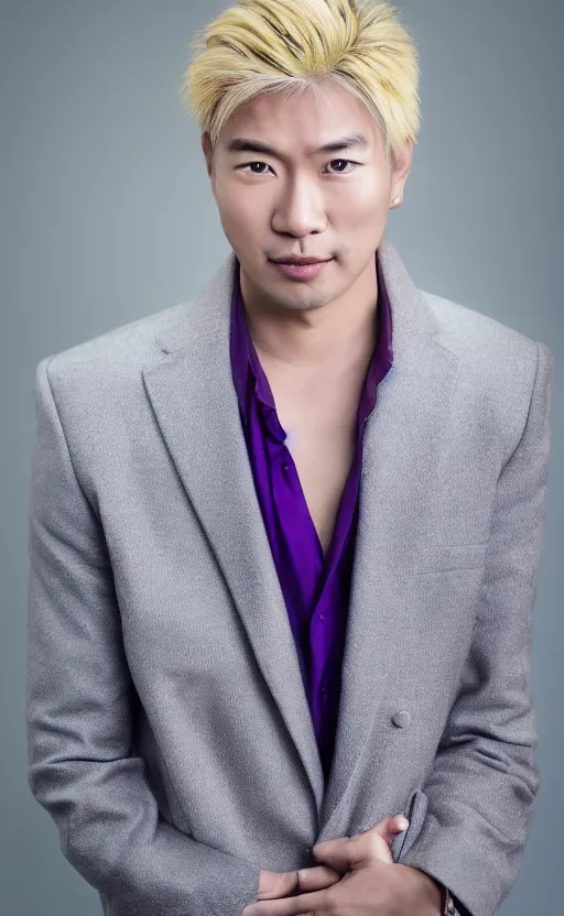 Image similar to a realistic photo of blond handsome Asian man in purple jacket, Kira Yoshikage in real life, studio photography , dark grey background, softly backlit, gentle smoke effect, photo courtesy Museum of art