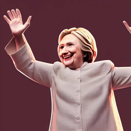 Prompt: Hillary Clinton with a long white gandalf beard and raising arms, 4K, octane rendering