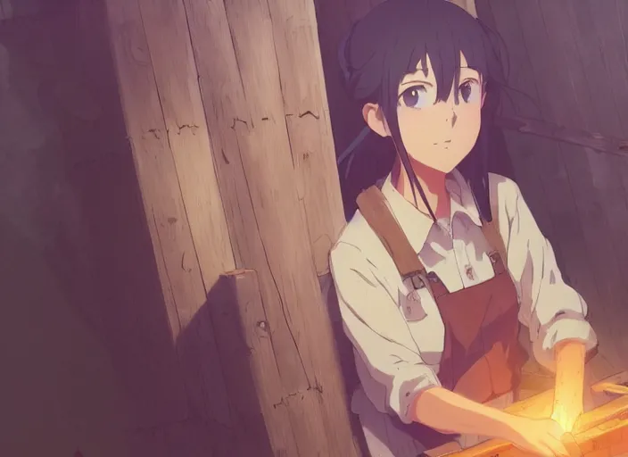 Image similar to portrait of a woman building a log cabin, illustration concept art anime key visual, trending pixiv fanbox by wlop and greg rutkowski and makoto shinkai and studio ghibli and kyoto animation