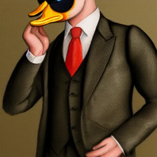 Image similar to a high detail photo of a man with a duck's head wearing a suit, antropomorphic, photorealism