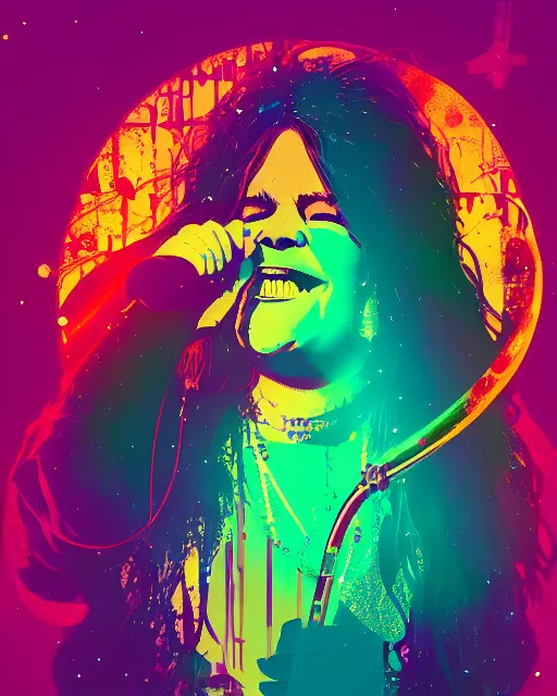 Prompt: janis joplin singing portrait, stylized musical note scenery, cinematic, bubbles, radiant halo of light, artstation, ismail inceoglu, liam brazier, petros afshar