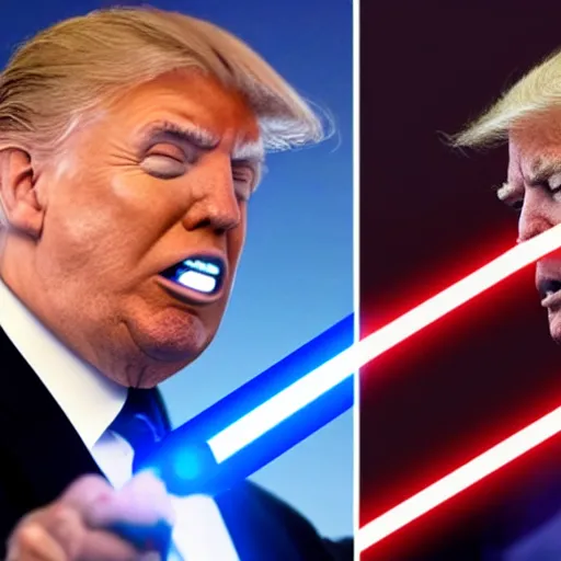 Prompt: an epic lightsaber battle between donald trump and joe biden