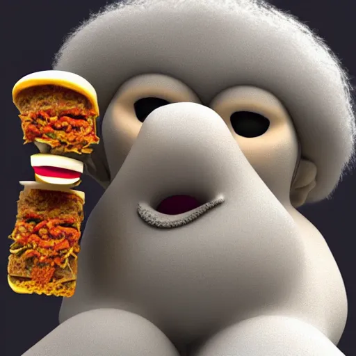 Image similar to anthropomorphic 3D yeti eating cheeseburger in forest