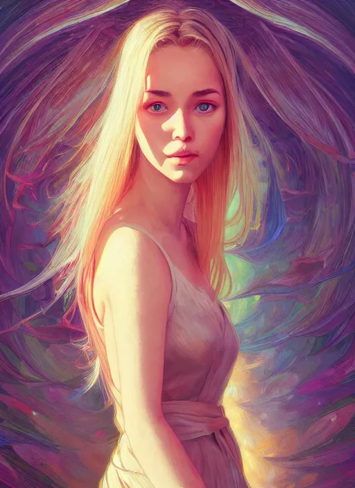 Image similar to handsome young women with shoulder length blonde hair, epic, half body shot, path traced, highly detailed, high quality, digital painting, alena aenami, lilia alvarado, shinji aramaki, karol bak, alphonse mucha, tom bagshaw