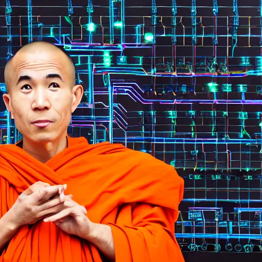 Prompt: techno monk in orange robes with wires and circuit boards coming out of his face