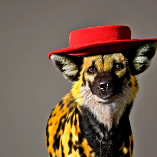 Image similar to A photo of the world's greatest sheriff: an african painted dog wearing a sombrero!