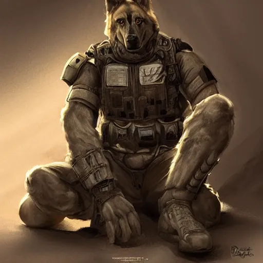 Image similar to a humanoid german shepherd beast - man in military style, sitting on the carpeted floor beside a bed, highly detailed portrait, digital painting, artstation, concept art, smooth, sharp foccus ilustration, artstation