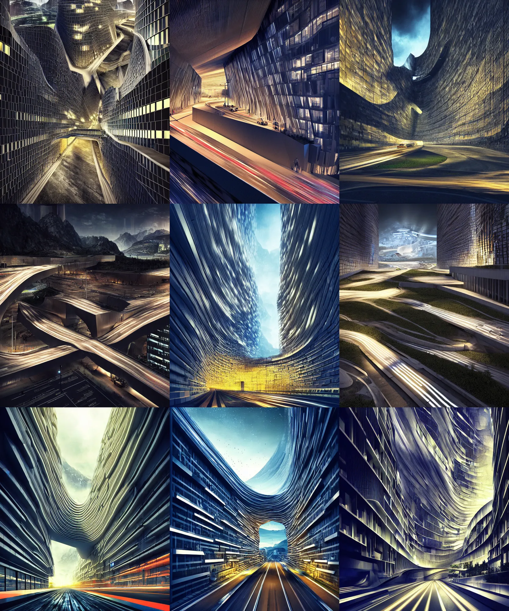 Image similar to maximalism digital art, denis villeneuve establishing shot of modern bjarke ingels condo building and gotthard tunnel entrance combined, roads tunnel under bjarke ingels condo building, lush environment, night lighting, scifi artstation digital concept art, unreal engine, hyper realism, realistic shading, wide shot