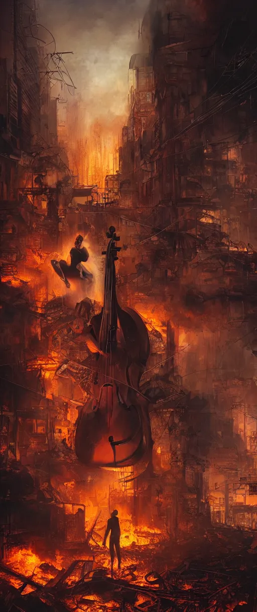 Prompt: a cellist playing in the rubble of a burning cyberpunk city looming above him, beautifully lit, concept art, sharp focus, a digital illustration by thomas blackshear