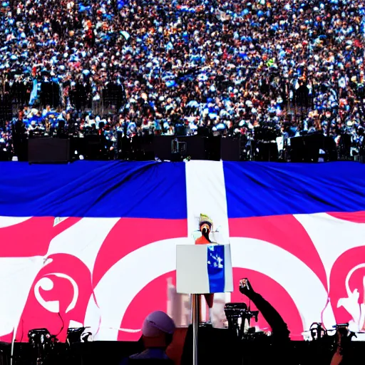 Image similar to Lady Gaga as president, Argentina presidential rally, Argentine flags behind, bokeh, giving a speech, detailed face, Argentina