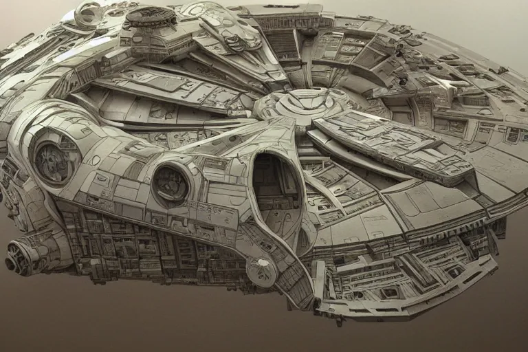 Image similar to the millenium falcon built from organic components, soft, sharp focus, detailed, sci-fi, hyperrealism, concept art by artgerm and Alphonse Mucha and Moebius