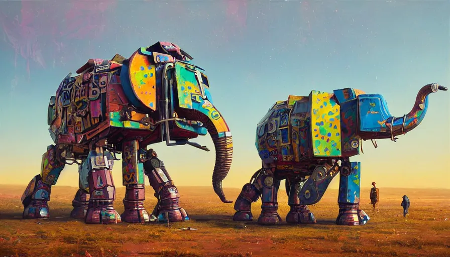 Image similar to an intricate oil painting of a giant south african armored elephant shaped scrap metal mecha by simon stalenhag, pink, yellow and cyan paint decals