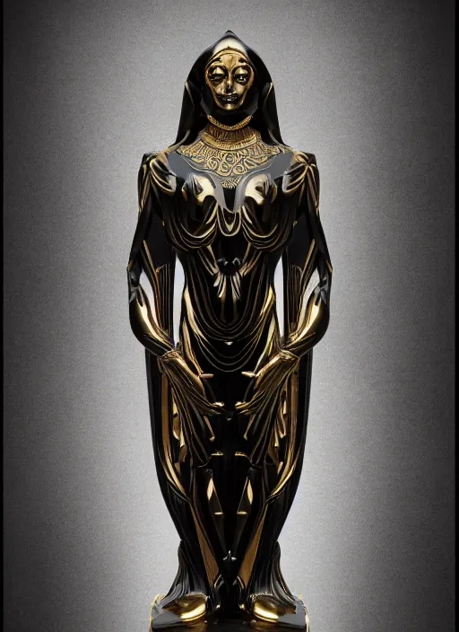 Image similar to stylized onyx black gold lines ornate statue full body made of marble of judas, perfect symmetrical body, perfect symmetrical face, hyper realistic, hyper detailed, by johannen voss, by michelangelo, octane render, blender, 8 k, displayed in bright studio room art deco