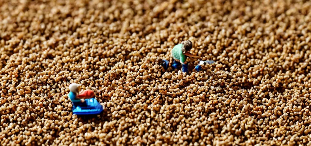 Image similar to Tiny people mining a grain of rice for food