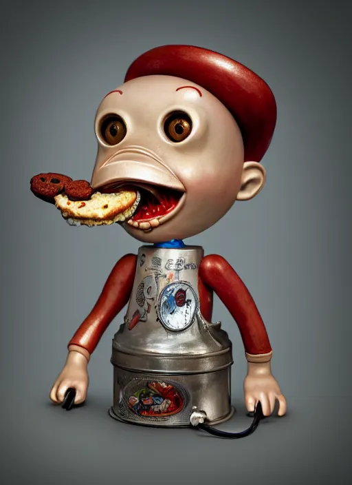 Image similar to highly detailed closeup, face profile portrait of a tin toy albert fish eating cakes, unreal engine, nicoletta ceccoli, mark ryden, earl norem, lostfish, global illumination, detailed and intricate environment