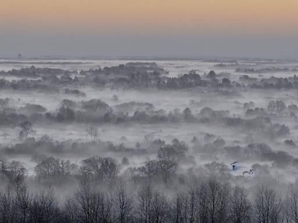 Image similar to I stand on a bridge at dawn on cold winter’s morning. There is frost on the ground and mist over the water. Two swans are swimming in the distance. I can just make out the roofs of some buildings in the far distance, but generally this area is rural. The first rays of sunlight are just emerging and are starting to cast a beautiful golden light across the fields. A goose flies low overhead. I raise my camera and hope to capture the beauty of this scene on my Sony A7R camera with a 17mm wide angled lens