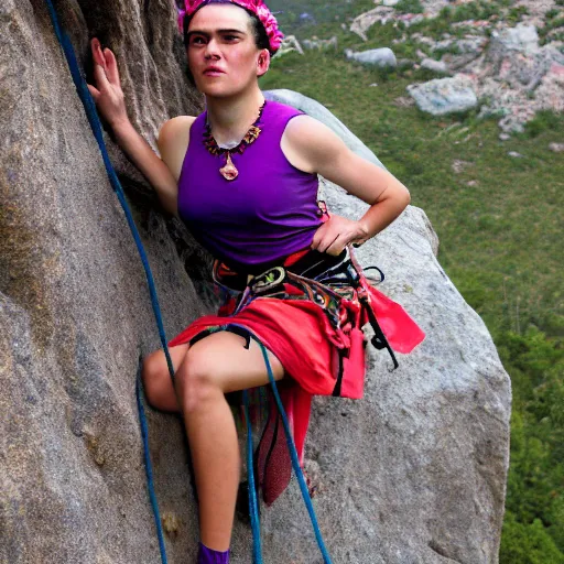 Image similar to Frida Kahlo rock climbing wearing a princess dress