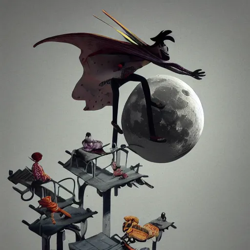 Image similar to full moon, travel upwards, flying, figurines, tilt shift, physical, style of 3 d, occlusion, white clay, style of dave mckean, style of shuzo oshimi, style of will eisner, full of color, on white, smooth, thin sharp lines, detailed, octane render