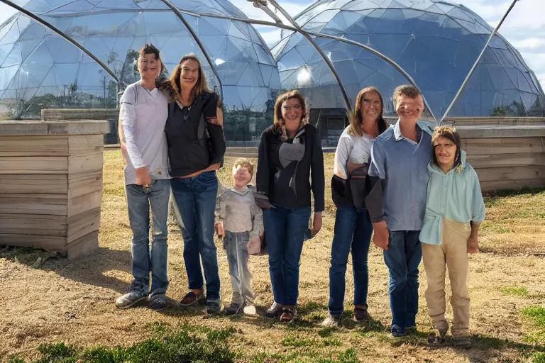 Prompt: a family stand on front of a dome weather station