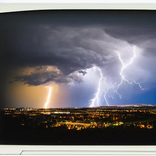 Prompt: 4 k hdr polaroid sony a 7 wide angle photo of a tornado over salt lake city utah with moody dramatic stormy lighting and a lightning strike in the distance