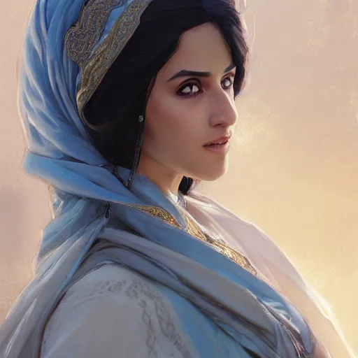 Image similar to a hyperrealistic render of an arab ameera al taweel, blue eyes, black hair, white veil,by WLOP,Artgerm,Greg Rutkowski,Alphonse Mucha, Beautiful dynamic dramatic dark moody lighting,shadows,cinematic atmosphere,Artstation,concept design art,Octane render,8K