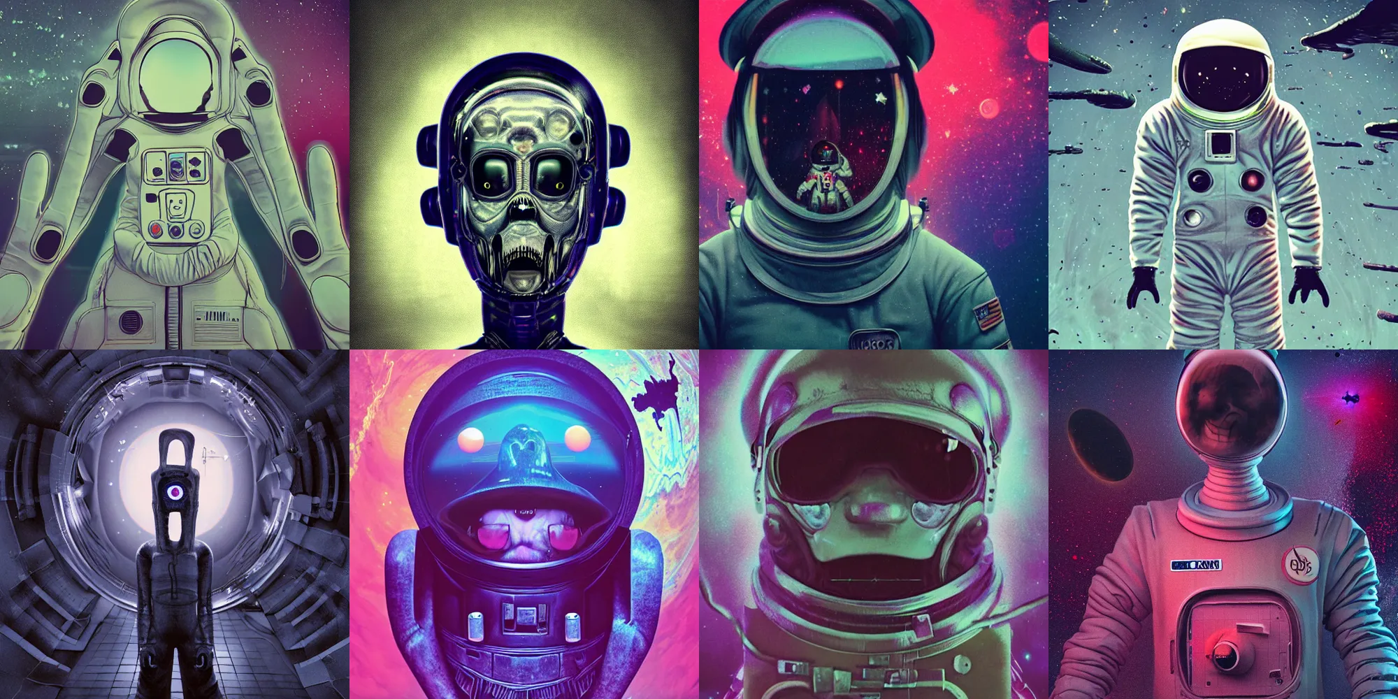 Image similar to creepy astronaut, horror poster 9 0 s, cosmic horror, abstract, ghostly, arcade, duotone, poltergeist, lets get weird, intricate, elegant, highly detailed, smooth, sharp focus, unreal engine 5, raytracing, in the style of beeple and mike winkelmann, ultraviolet colors,