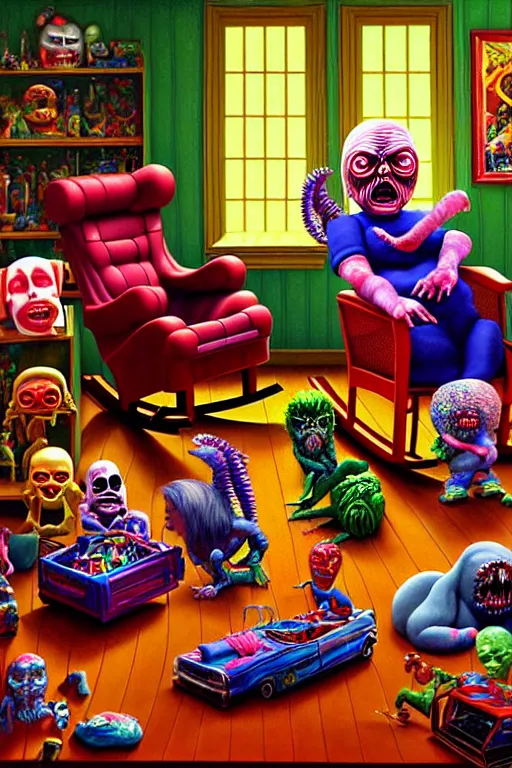 Image similar to a hyperrealistic painting of a room full of evil possessed toys watching a grandma in a rocking chair, cinematic horror by chris cunningham, lisa frank, richard corben, highly detailed, vivid color,