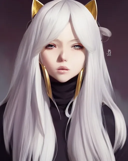 Image similar to a frontal portrait of a very beautiful anime girl pope with cat ears, white hair, gold skin, digital painting, art by wlop artgerm ilya kuvshinov, sharp focus, highly detailed