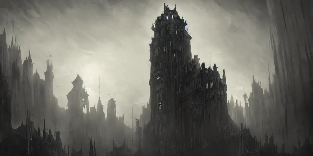 Image similar to grimdark fantasy fortress, terrifying architecture, looming, dark, fog, dark souls, artstation