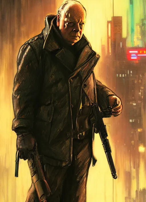 Prompt: Winston Churchill. Cyberpunk assassin in tactical gear. rb6s, (Cyberpunk 2077), blade runner 2049, (matrix). Epic painting by Craig Mullins and Alphonso Mucha. ArtstationHQ. painting with Vivid color.