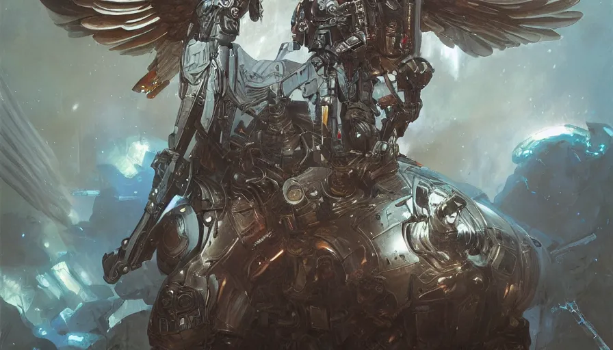 Image similar to scifi character portrait Painting of a futuristic archangel from, warhammer40k , dystopian mood, intricate, wild, highly detailed, digital painting, artstation, concept art, smooth, sharp focus, illustration, art by artgerm and greg rutkowski, and alphonse mucha