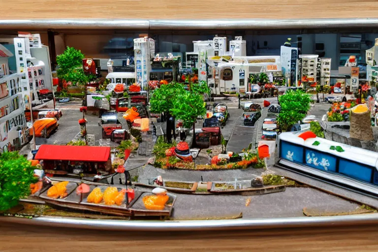 Image similar to miniature town made of sushi, diorama picture, 5 5 mm, sushitown