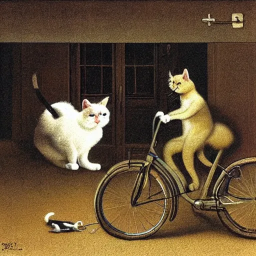 Image similar to A cat driving a bicycle, an illustration by Michael Sowa, but as photography