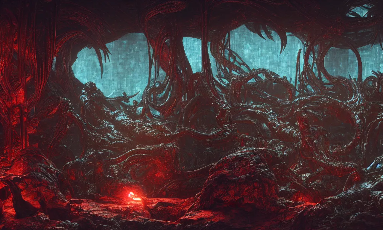 Image similar to Prometheus biological sci-fi environment set in a nightmarish universe of odd forms and somber tapestry, HR Giger and Vincent Di Fate, vivid color scheme, featured in artstation, octane render, cinematic, elegant, intricate, 8k