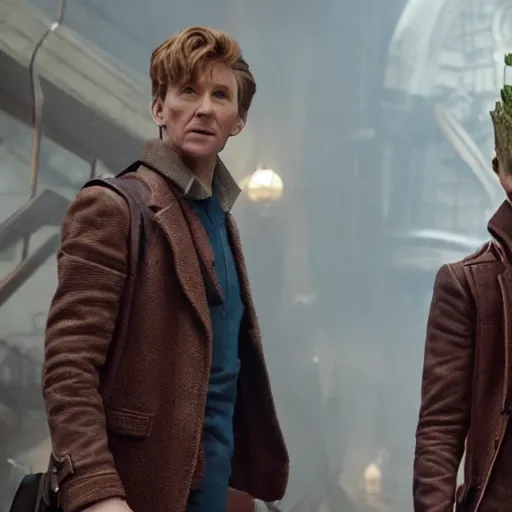 Image similar to newt scamander walking hand in hand with baby groot from guardians of the galaxy, film still from the movie, directed by david yates
