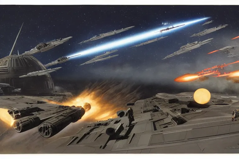 Prompt: ralph mcquarrie concept art, scene : the death star is rocked by explosions as the rebel fleet zooms over, unloading a heavy barrage. luke struggles to carry the enormous weight of his father's dying body toward an imperial shuttle. father's dying body toward an imperial shuttle. by artgerm and greg rutkowski and alphonse mucha