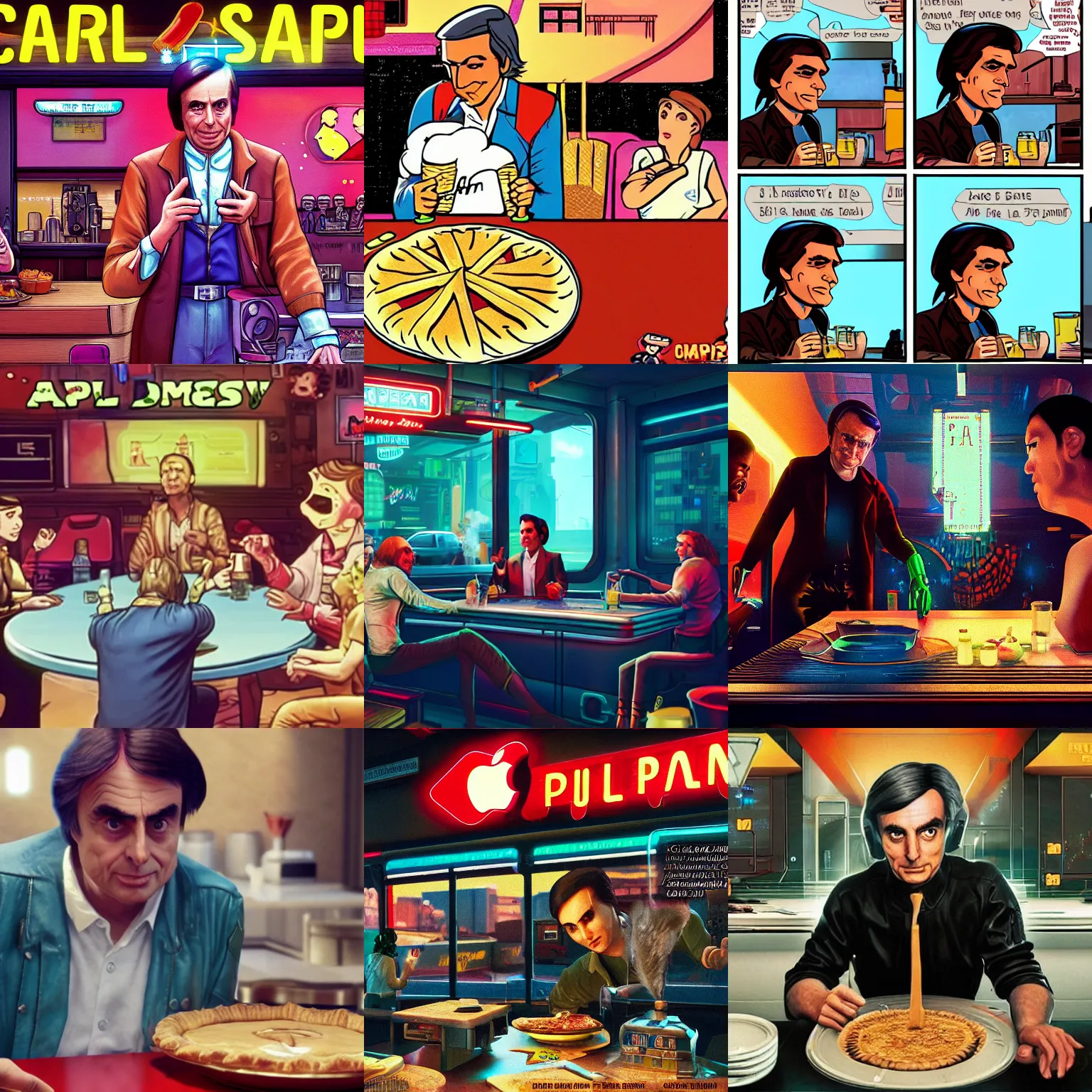 Prompt: carl sagan teaches about apple pie. cyberpunk 2 0 7 7 cp 2 0 7 7. 3 8 4 0 x 2 1 6 0 cosmos diner