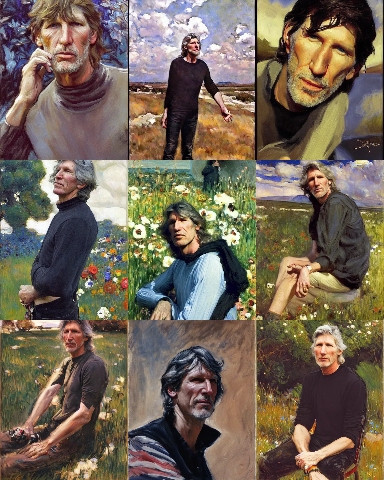 Prompt: roger waters, plein air portrait painting by john singer sargent, john william waterhouse, donato giancola, fashion photography, psychedelic