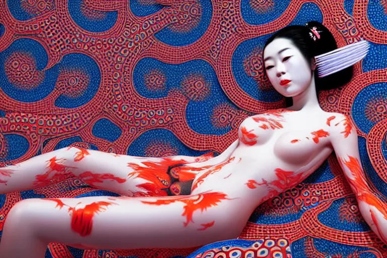 Image similar to hyperrealistic detailed image of a geisha laying in a art installation, interior by yayoi kusama, part by kei mieno, part by alex gray, part by ross tran, part by james jean, ultra realistic, highly detailed, life like face, detailed body, 8 k, octane render, trending on artstation, very cohesive, masterpiece