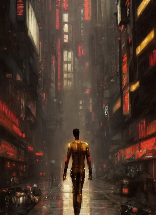 Image similar to blade runner with four robotic legs ( blade runner 2 0 4 9, dystopian, cyberpunk 2 0 7 7 character design ). orientalist portrait by john william waterhouse and james gurney and theodore ralli and nasreddine dinet, oil on canvas. cinematic, hyper realism, realistic proportions, dramatic lighting, high detail 4 k