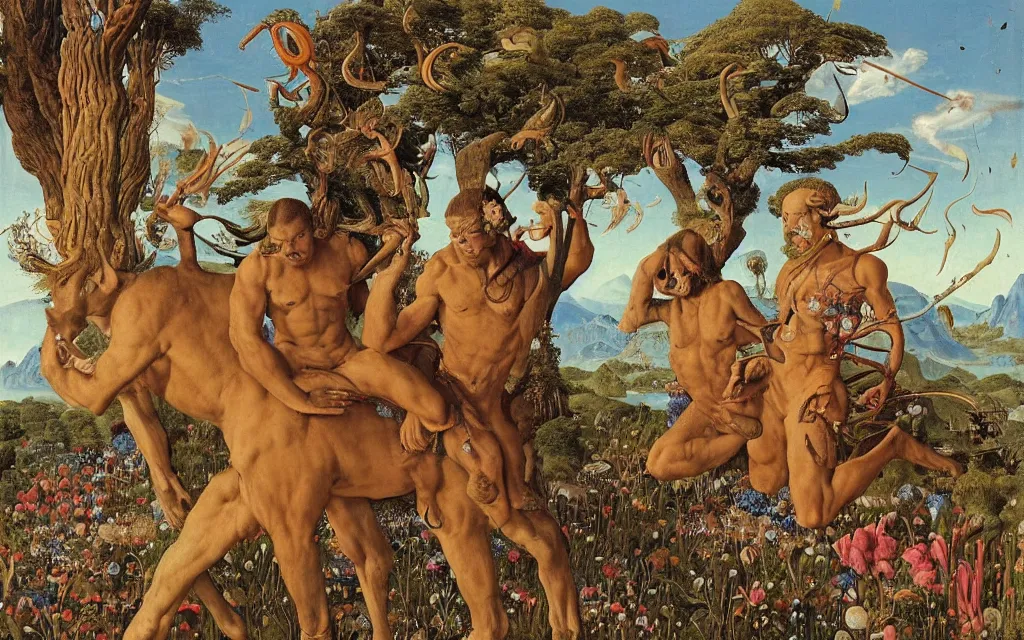 Image similar to a portrait photograph of a meditating satyr and a centaur monk riding a rocket machine and hunting at a river delta. surrounded by bulbous flowers and trees. mountain range under a blue sky of fiery stars. by jan van eyck, max ernst, ernst haeckel, ernst fuchs and artgerm, cgsociety, fashion editorial, 8 k