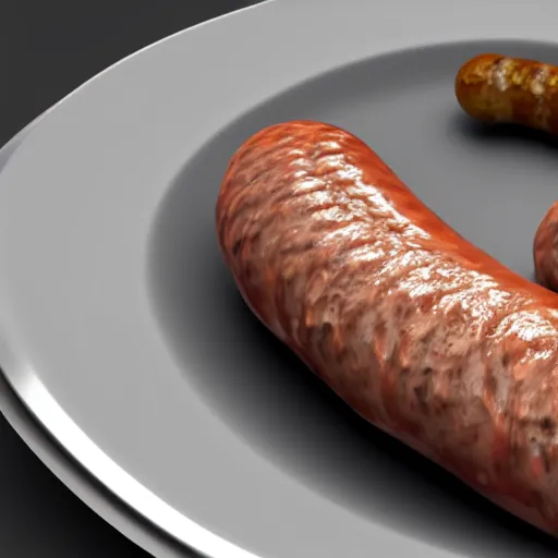 Image similar to cursed realistic 3 d unreal engine render of a half fish half sausage alone on a plate, fish fins on a sausage