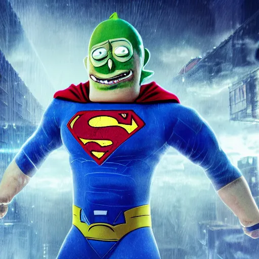 Prompt: pickle rick as superman! flying in ( gears of war ), splash art, movie still, detailed face, photorealistic facial features, cinematic lighting, dramatic, octane render, long lens, shallow depth of field, bokeh, anamorphic lens flare, 8 k, hyper detailed, 3 5 mm film grain