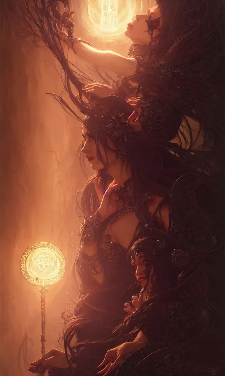 Image similar to Necromancer Sorceress in center, fantasy magic, undercut hairstyle, dark light night, intricate, elegant, sharp focus, illustration, highly detailed, digital painting, concept art, matte, art by WLOP and Artgerm and Greg Rutkowski and Alphonse Mucha, masterpiece