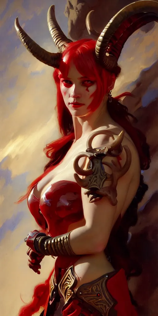 Image similar to painted close - up portrait of a attractive red - skinned intimidating demon cyborg girl with ram horns! oil painting, wearing a noblewoman's outfit, fantasy art by john singer sargent and gaston bussiere and james jean and greg rutkowski, demon noble character design, hd