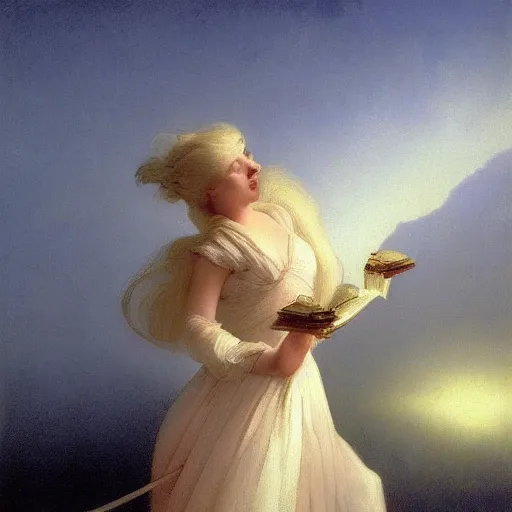 Image similar to young woman's face, her hair is white and she wears a cobalt blue duchesse satin cloak, by ivan aivazovsky and syd mead and moebius and gaston bussiere and roger dean and willem claesz and pieter claesz and paul delaroche and alma tadema and aelbert cuyp, hyperrealistic, volumetric light, octane