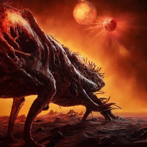 Image similar to eldritch horror bloody garfield in space, hd, 8 k, giant, epic, realistic photo, unreal engine, stars, prophecy, powerful, cinematic lighting, destroyed planet, debris, violent, sinister, ray tracing, dynamic, epic composition, dark, horrific, teeth, grotesque, monochrome drawing, hellscape