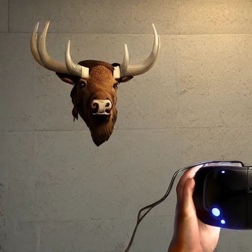 Image similar to hunting trophy bison head in oculus vr nailed to the wall,