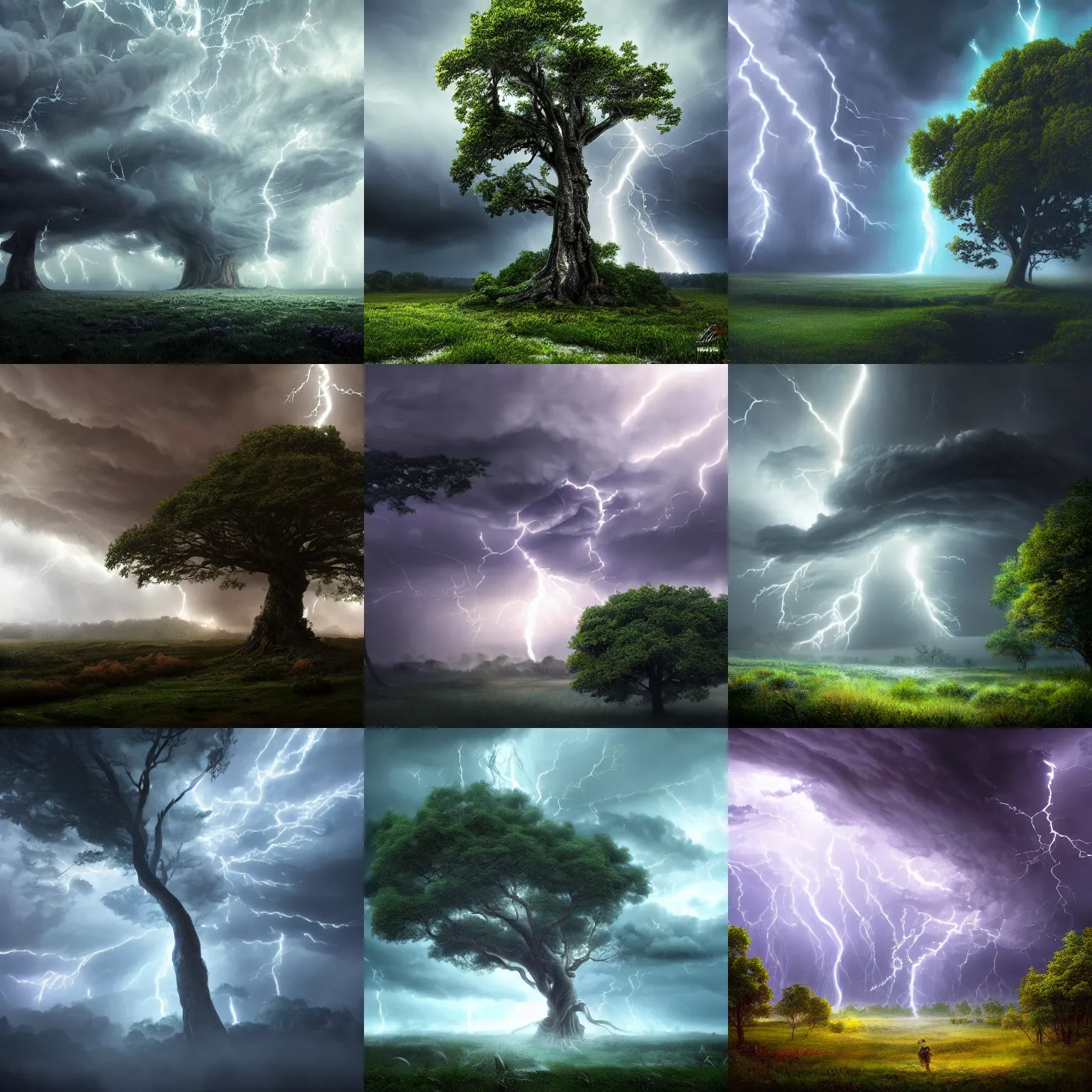 Prompt: a beautiful painting of a huge tree of storm, foliage made of stormy clouds and lightnings, epic, fantasy, high definition, cinematic shot, natural volumetric light, artstation, ultra detailed, 8 k