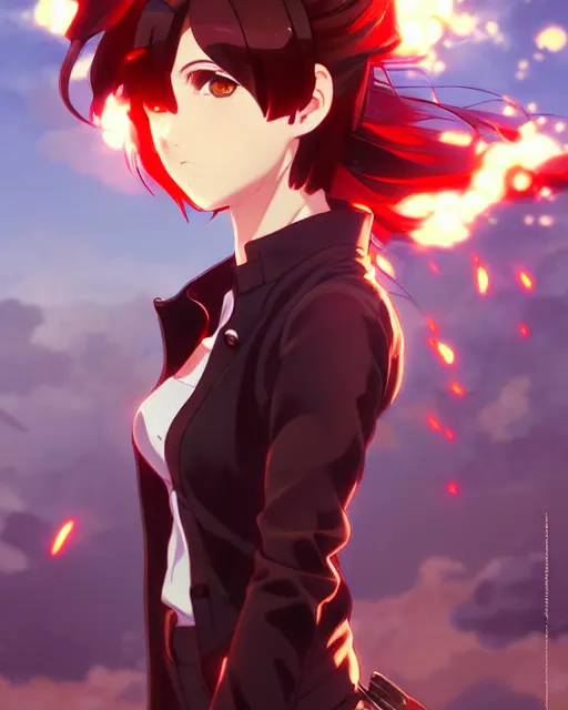 Image similar to makoto shinkai, artgerm, ilya kuvshinov, steampunk beautiful anime woman, red shirt brown pants, black and red hair hair, symmetrical face, symmetrical eyes, action scene, shooting fire war, detailed, summer setting, cinematic lighting